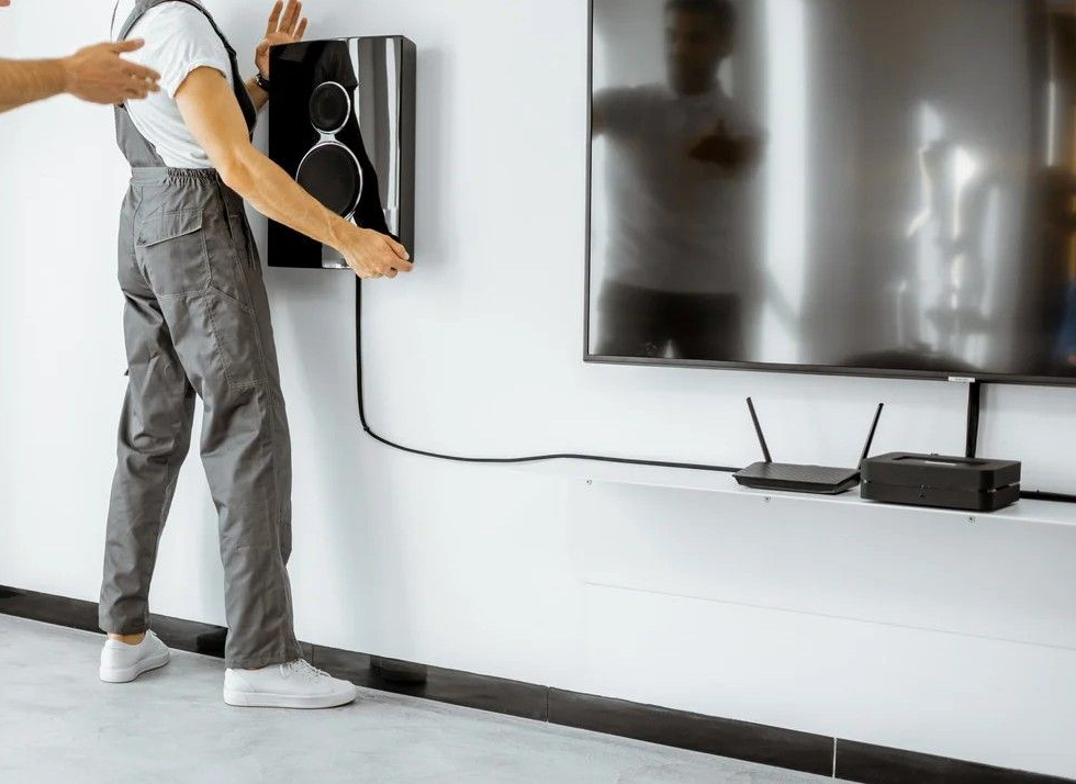 Living room with high ceilings, large windows, dark grey sectional, fireplace, and mounted TV.