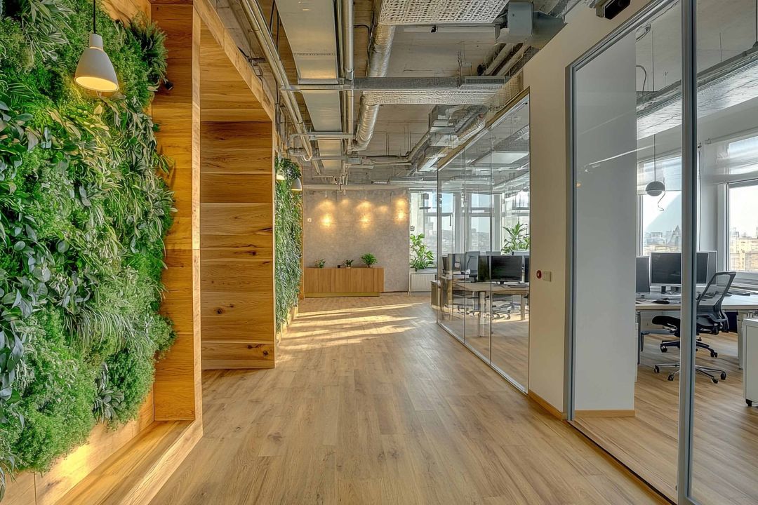 Modern office hallway with wooden floors, living plant wall, and glass-walled workspaces.