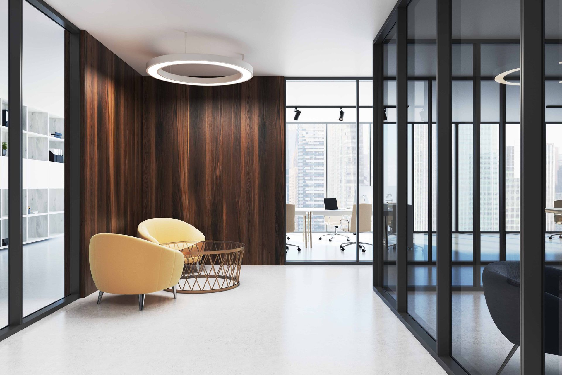 Modern office lobby with wood paneling, yellow chairs, and glass walls.