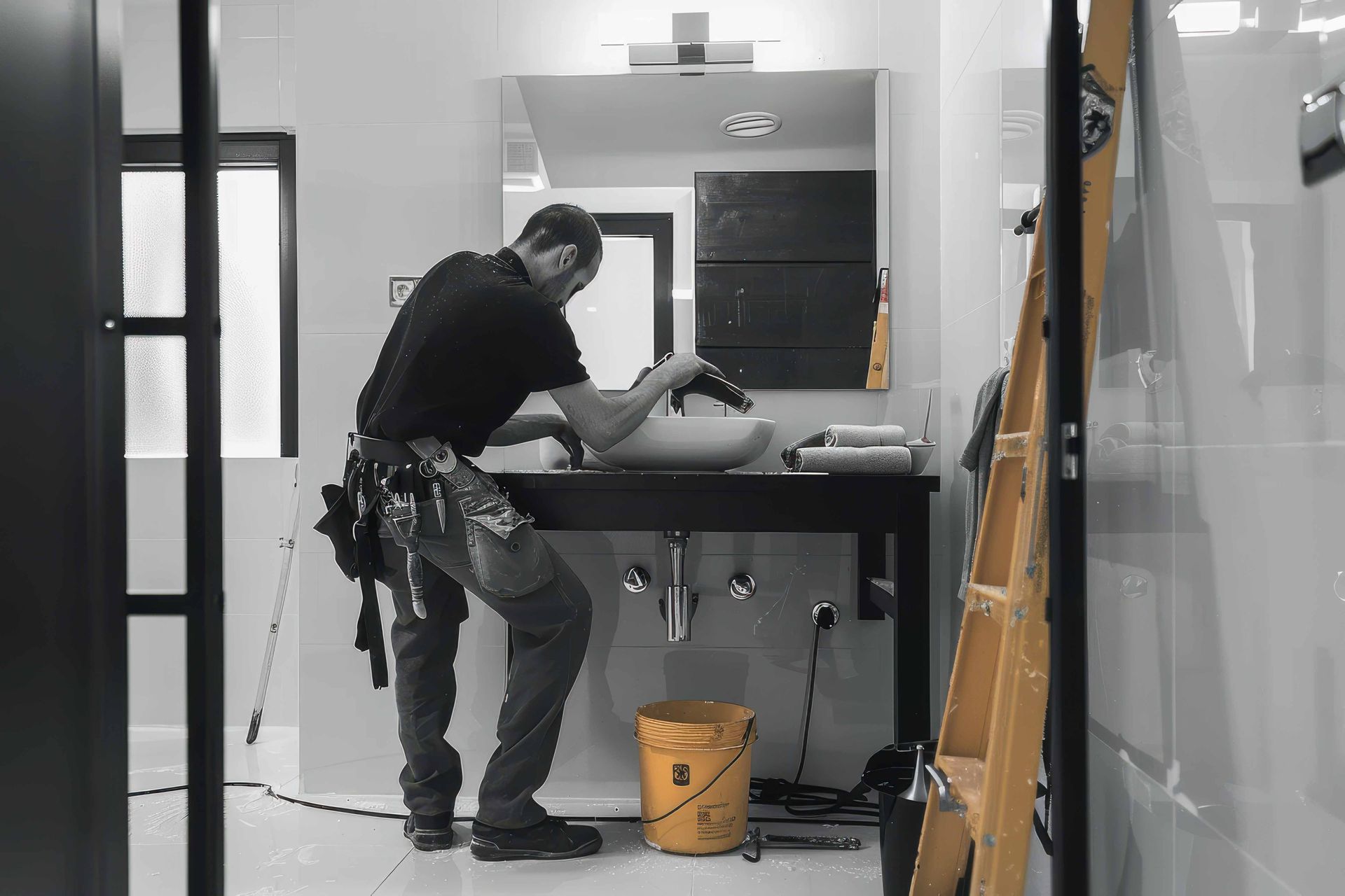 Man installing a bathroom sink. He is using a drill, a ladder is nearby. 