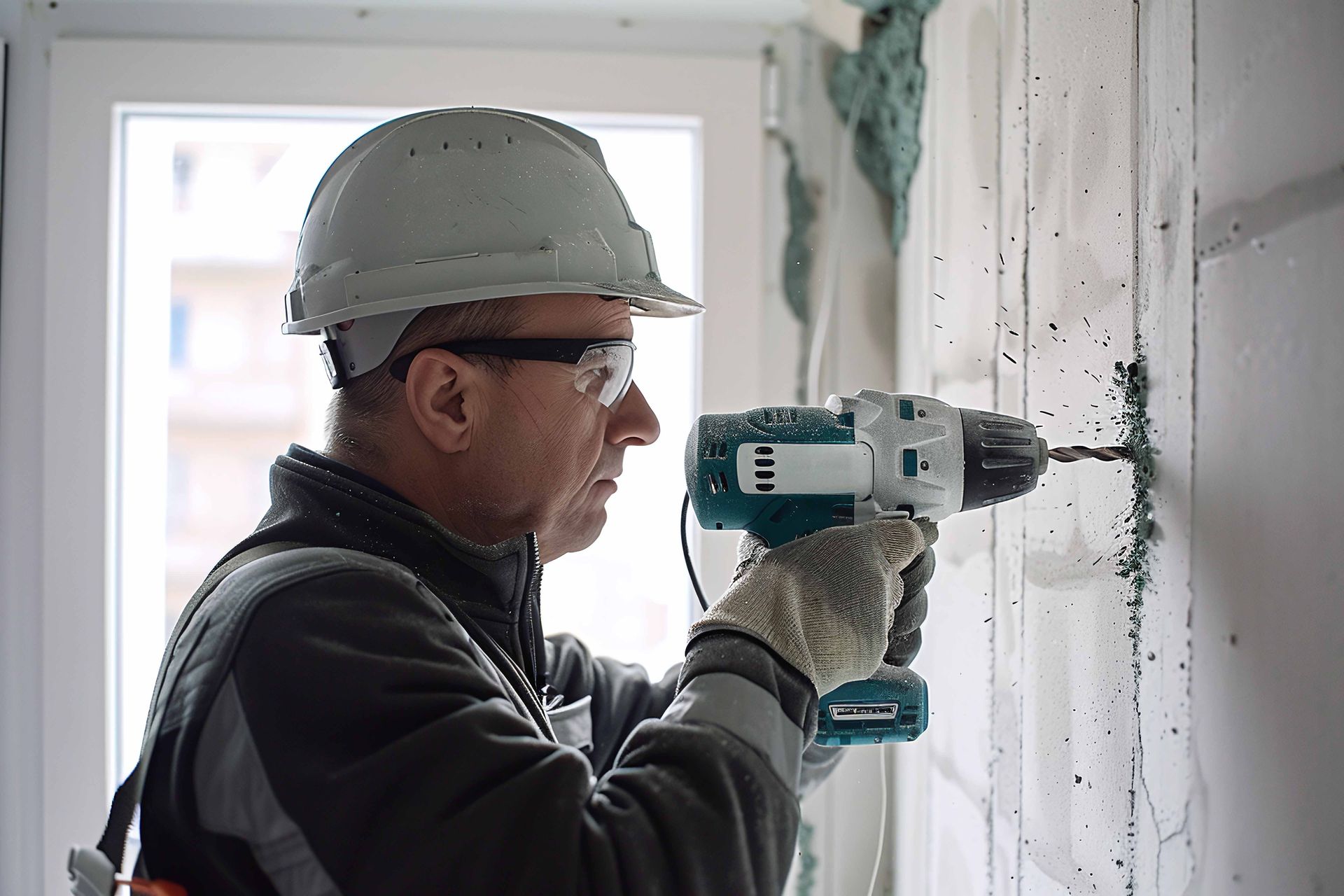 Construction worker drilling into a wall.