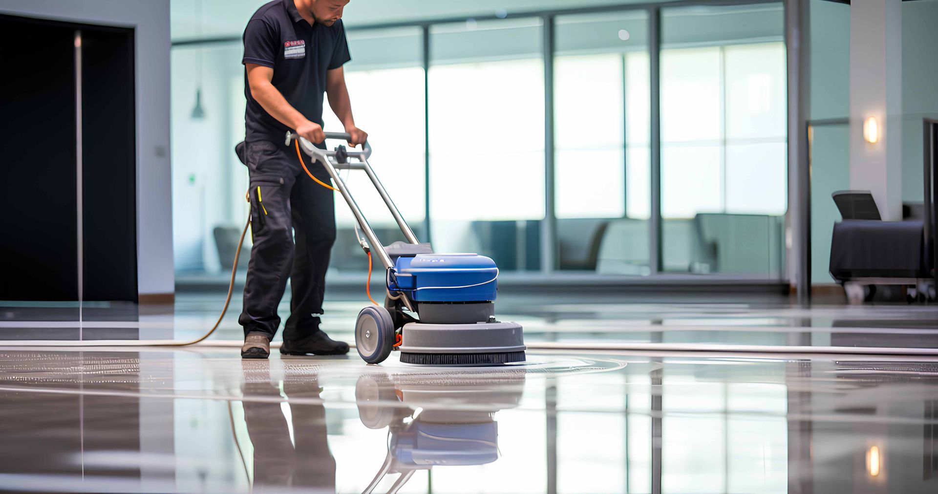 Person using a floor cleaning machine on a shiny, reflective floor in a modern building.