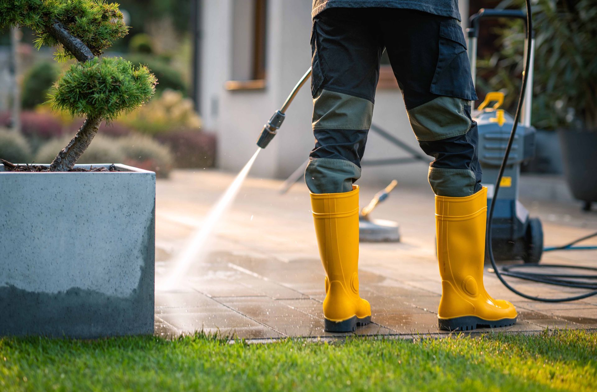 Person pressure washing a patio, wearing yellow boots and work pants, near a potted plant.