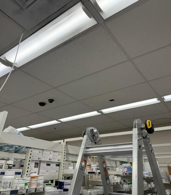 A ladder beneath a drop ceiling with fluorescent lights and security cameras in a store.