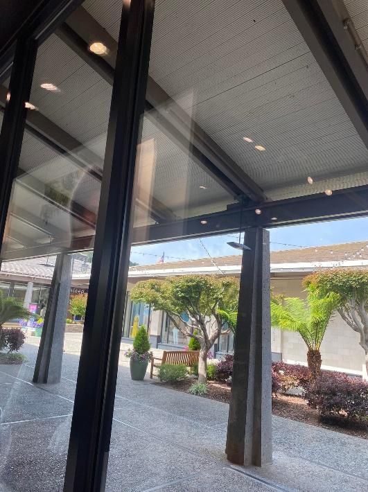 A view through a glass window, showing an outdoor walkway with trees, benches, and a building under a sunny sky.