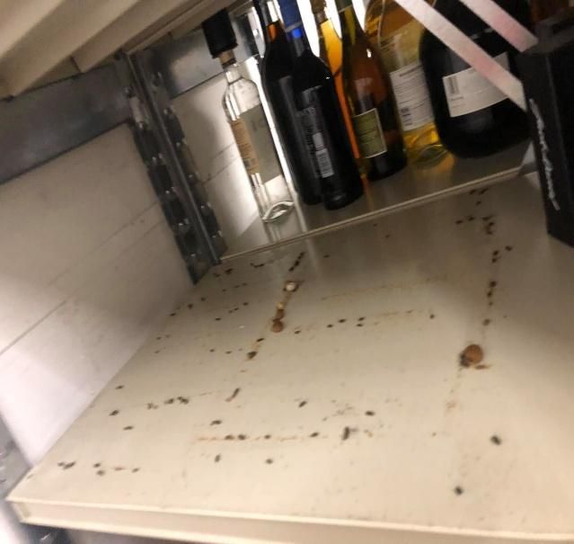 Wine bottles on a shelf with debris and stains.