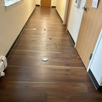Brown floor hallway with spilled food debris near doors.