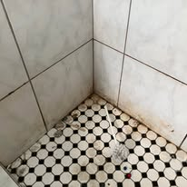 Corner of a shower with white and black tiled floor and white wall tiles.