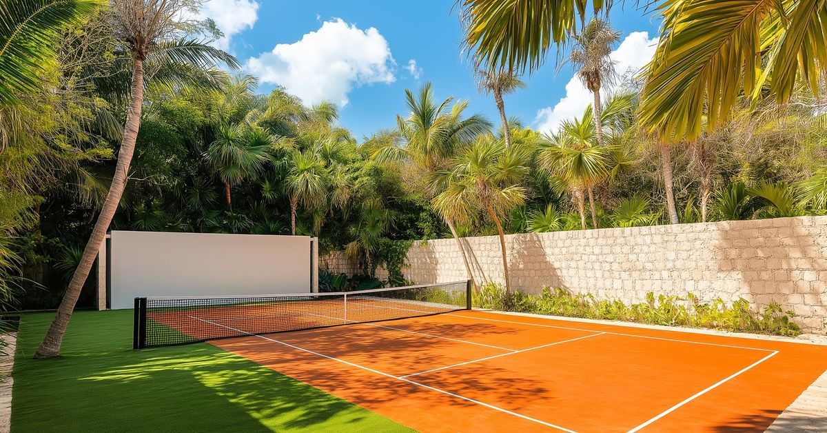 A beautiful backyard sport court designed for tennis. There are palm trees surrounding the court and the sun is shining.