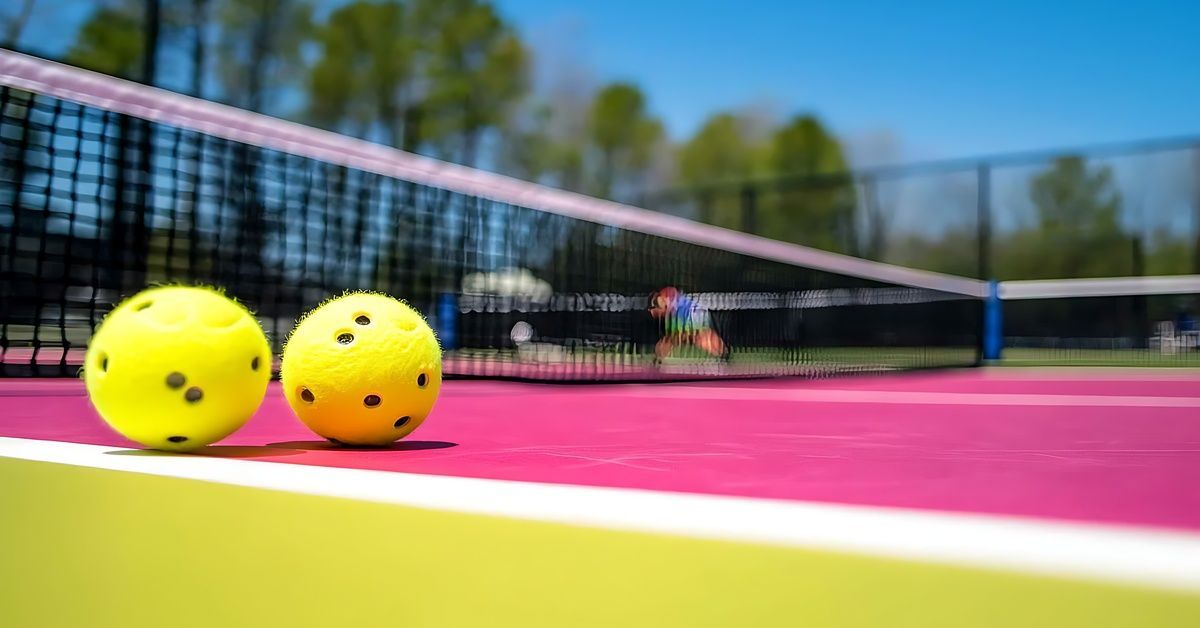 An up close of a brightly colored pickleball court with yellow and pink on the court's surface. There are two pickleballs.