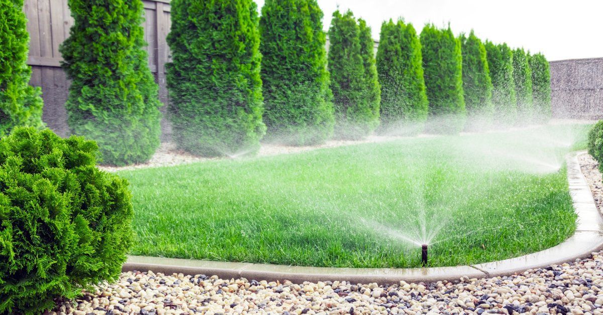 A well-maintained lawn with sprinklers running on the green grass. There are river rocks placed along the edge.