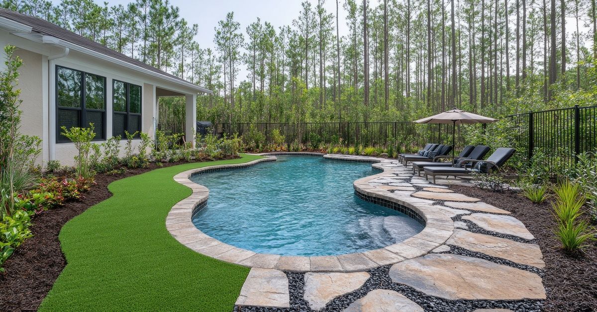 A big backyard near a wooded area with a bean-shaped in-ground pool surrounded by synthetic turf and chaise lounges.