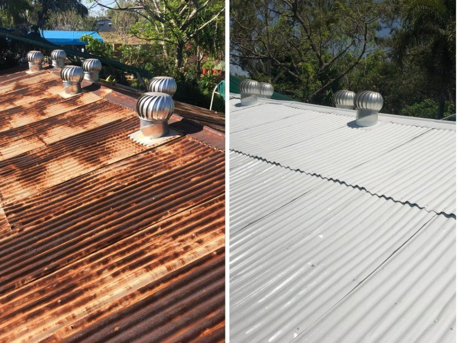 A Before and After Picture of A Rusty Roof and A White Roof — North West Queensland Painting in Mornington Island, QLD