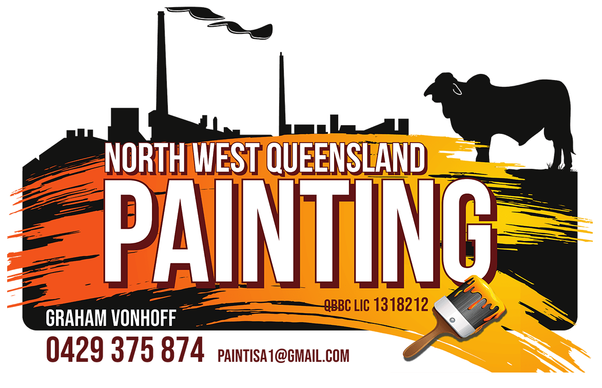 A logo for north west queensland painting with a cow and brush