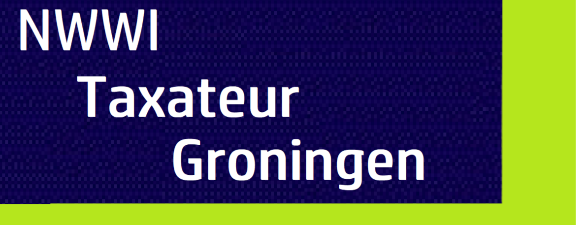 Witte tekst op een blauwe achtergrond: NWWI, Taxateur, Groningen. Omlijst met een limoengroene rand.