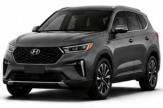 Dark gray Hyundai SUV on a white background, front three-quarter view