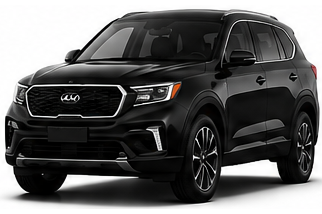 Black Kia SUV on a white studio background, front three-quarter view