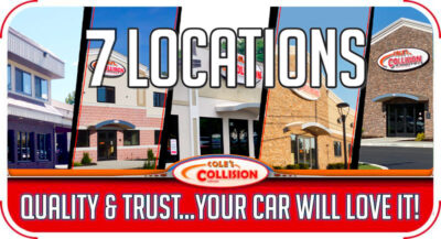 Auto collision repair shop ad with “7 Locations” and “Quality & Trust...Your car will love it!”