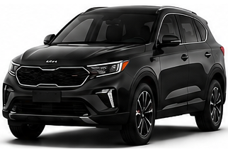 Black Kia SUV on a white studio background, angled front view