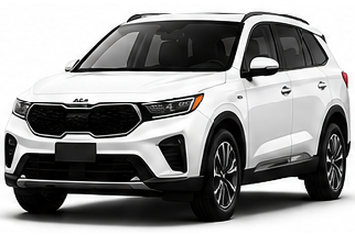 White Kia SUV on a plain white background, shown in front three-quarter view.