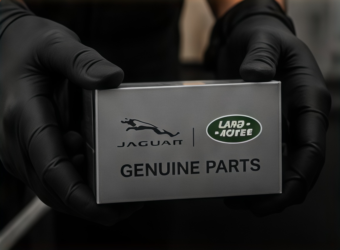 Gloved hands holding a box labeled “Genuine Parts” with Jaguar and Land Rover logos