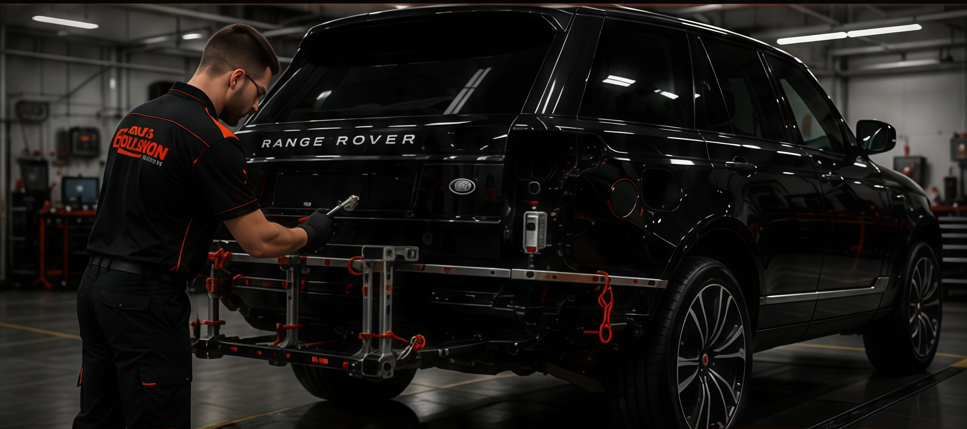 Mechanic using tools to adjust a black SUV in a dim garage with a wheel alignment frame attached