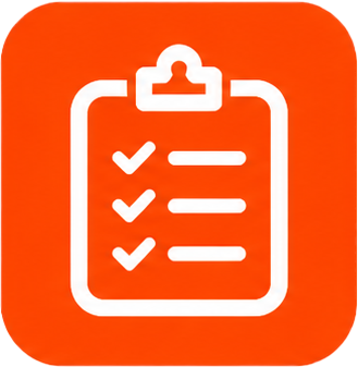 Orange clipboard icon with white checklist checkmarks