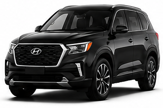 Black Hyundai SUV on a white background, front three-quarter view