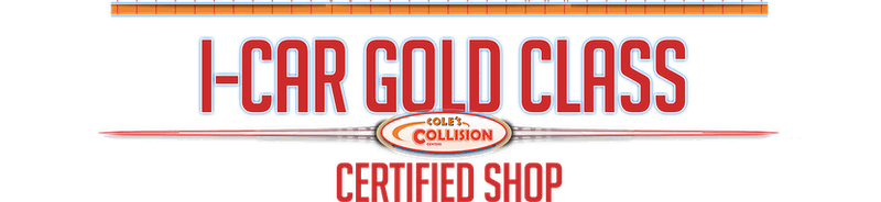I-CAR Gold Class Certified Shop logo in red and gold with a ribbon and target graphic