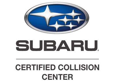 Subaru Certified Collision Center logo with blue oval emblem and bold black text