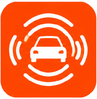 Orange square icon with a white car and circular radar waves, indicating vehicle detection or driver assist.