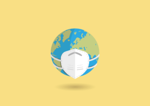 Globe wearing a white face mask on a yellow background
