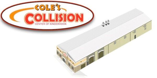 Cole’s Collision center logo with a white and gold auto repair building illustration