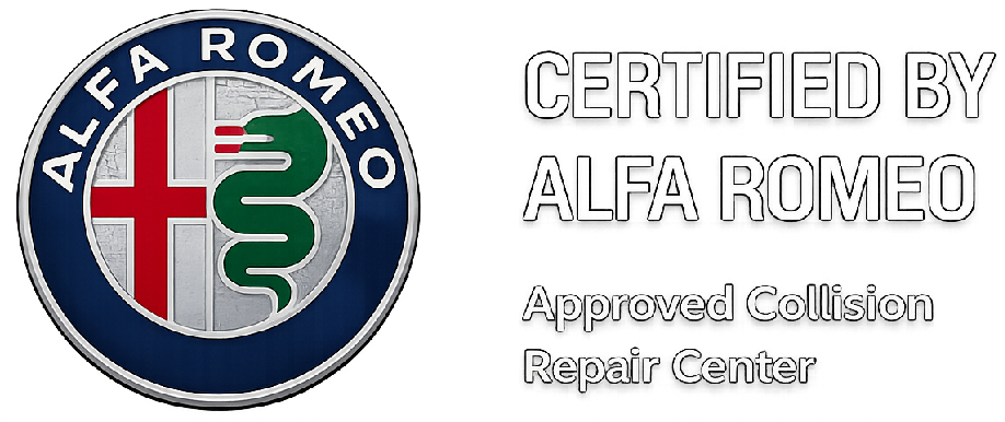 Alfa Romeo Certified collision repair center logo and certification text on white background