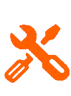Orange crossed wrench and screwdriver icon on white background