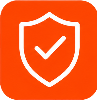 White shield with checkmark on orange background