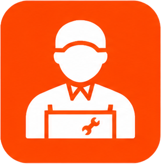 White repair worker icon on orange square background, holding a toolbox with wrench symbol.