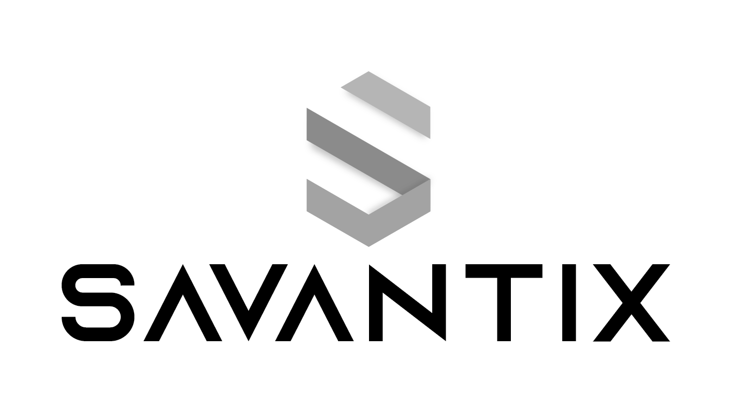 A black and white logo for a company called savantix
