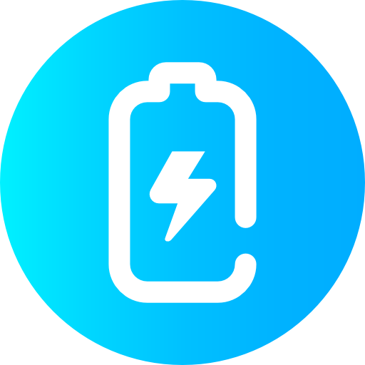 A blue circle with a white icon of a battery with a lightning bolt on it.