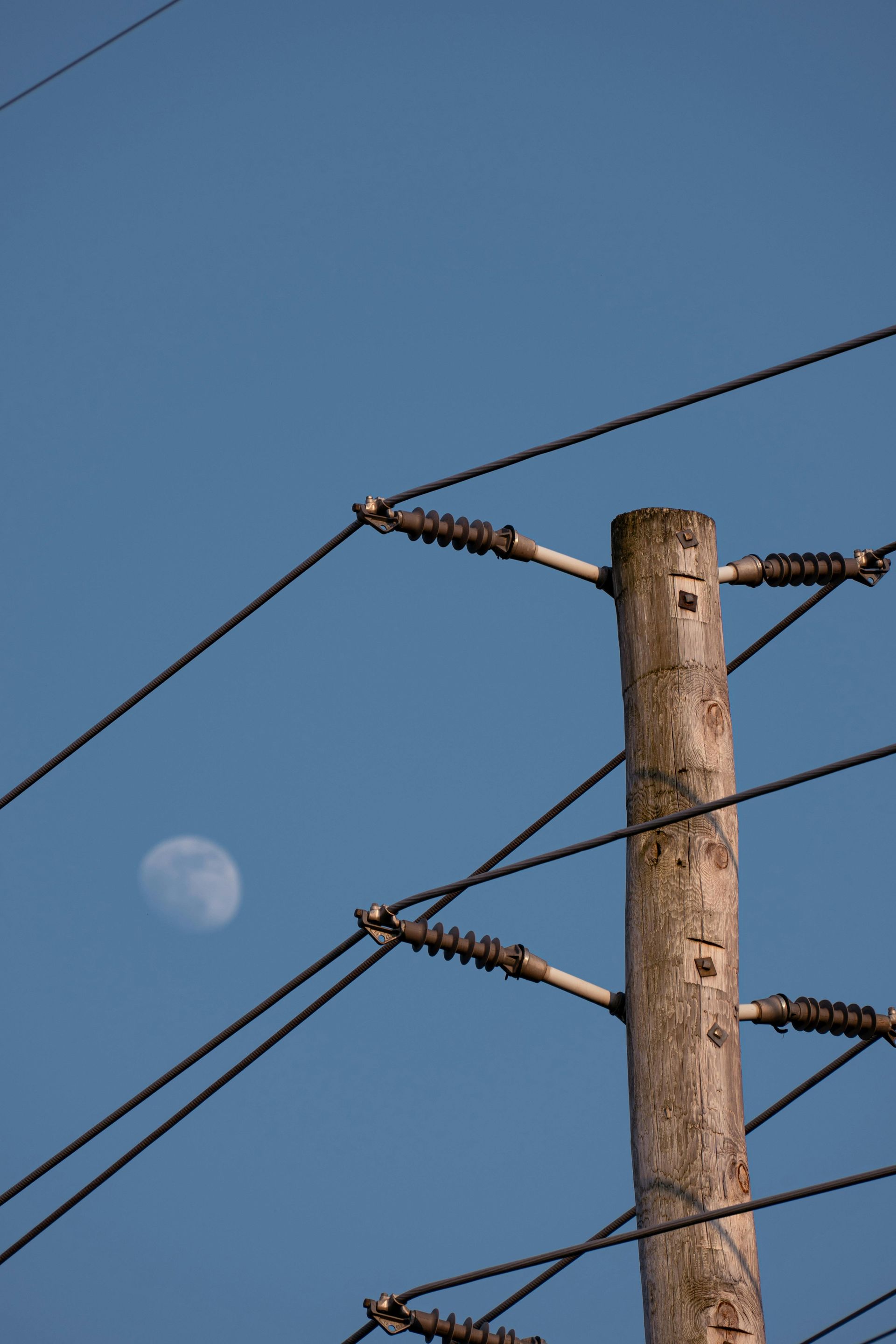 A telephone pole with a full moon in the background