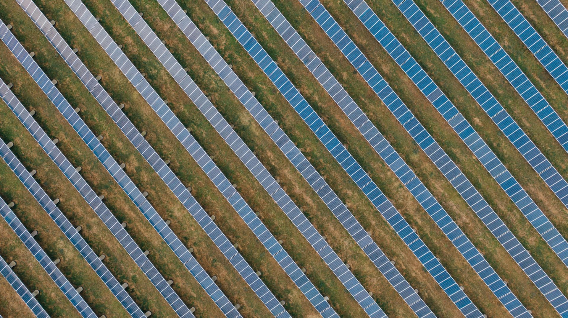 An aerial view of a row of solar panels in a field.