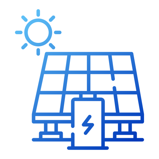 A blue icon of a solar panel with the sun in the background.