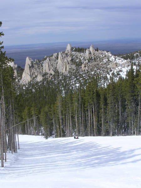 A snowy landscape with trees and mountains in the background