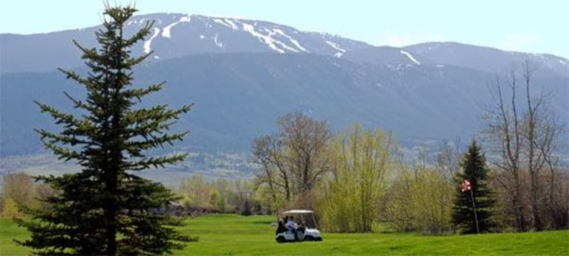 A golf cart is parked on a golf course with mountains in the background.
