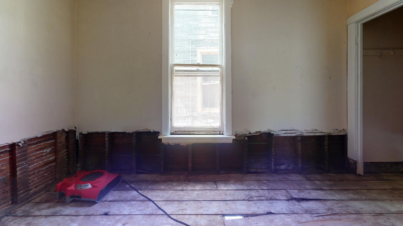 An empty room with a window and a red vacuum cleaner on the floor.
