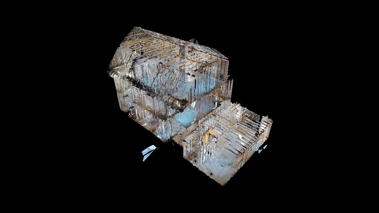 A 3d model of a building on a black background.