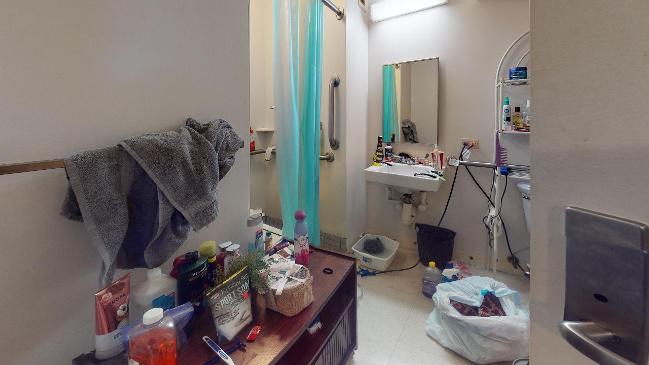 A bathroom with a sink , mirror , and towel rack.