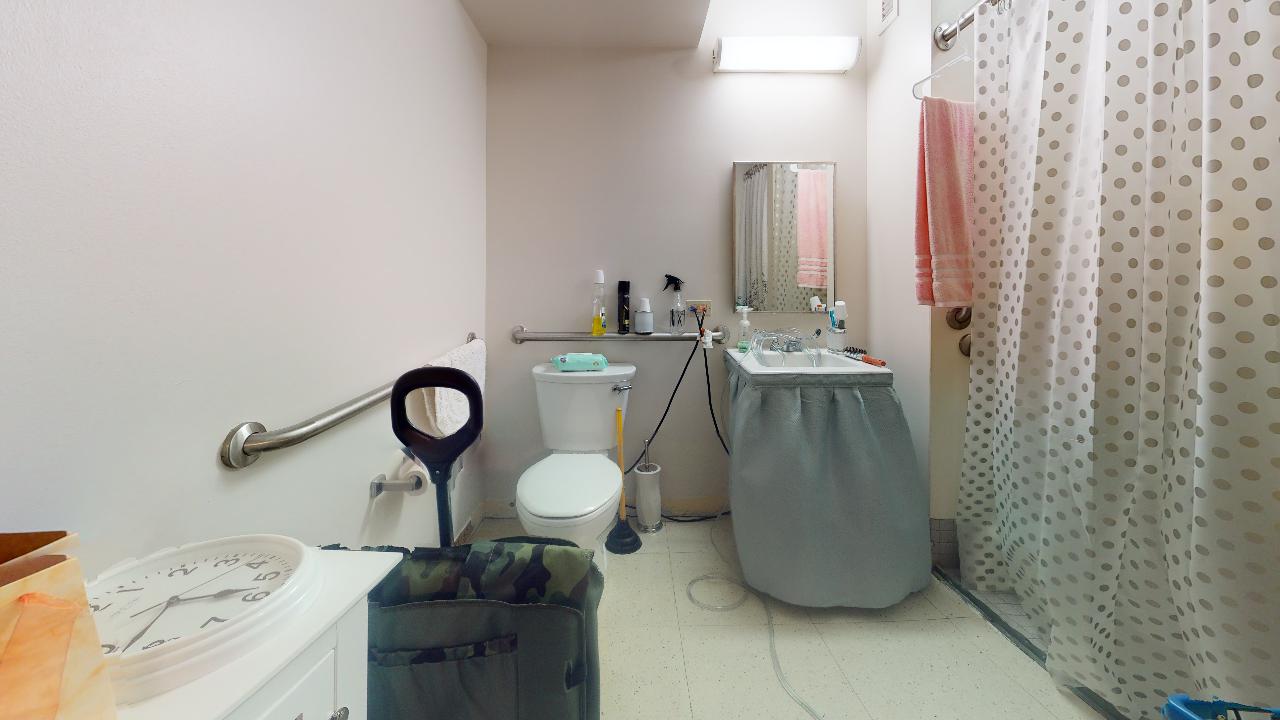 A bathroom with a toilet , sink and shower curtain