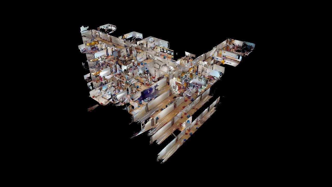 A 3d model of a building on a black background.