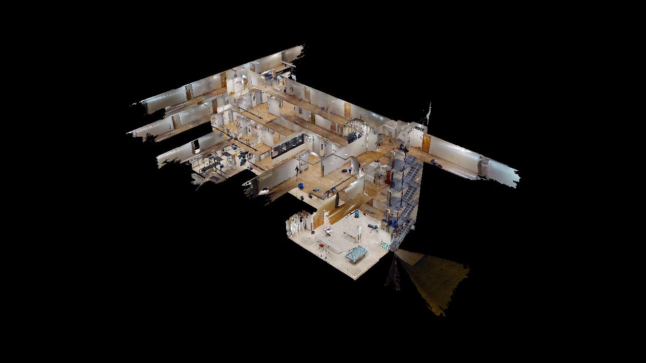 A 3d model of a building on a black background.